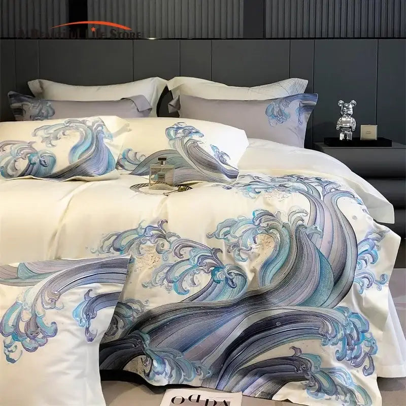 Luxury blue tides waves embroidery bedding set bedroom white satin