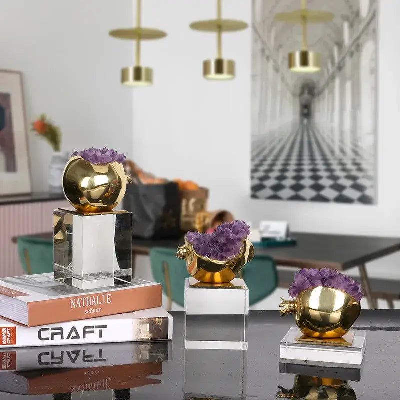Luxury brass and purple crystal pomegranate living room ornament