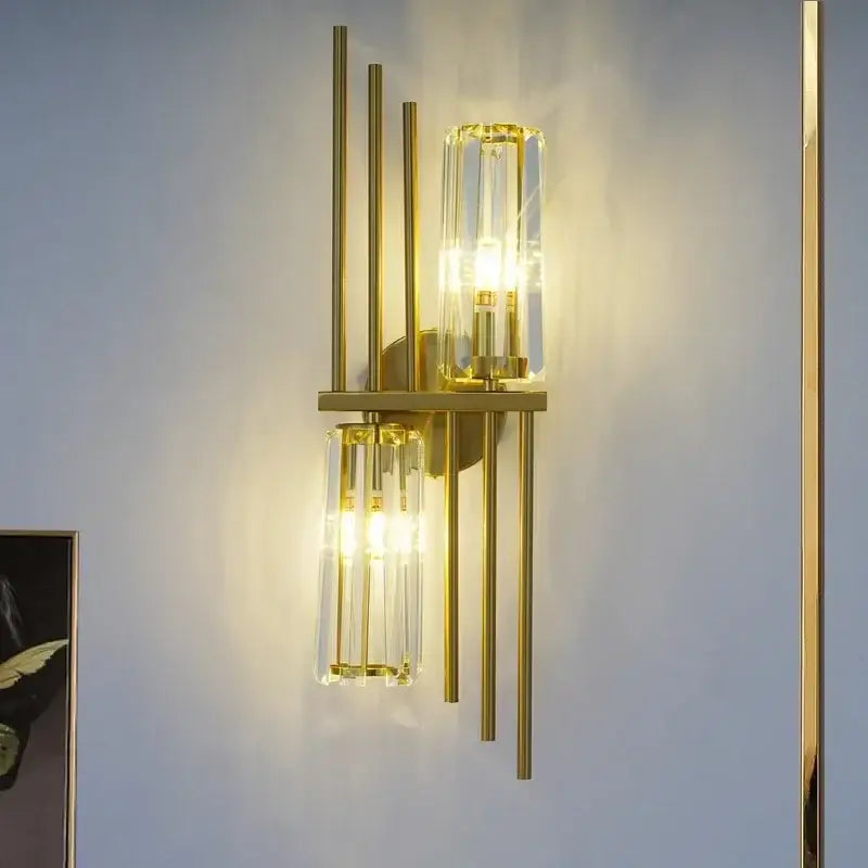 Luxury brass crystal wall lamp for bedroom with ribbed glass accents