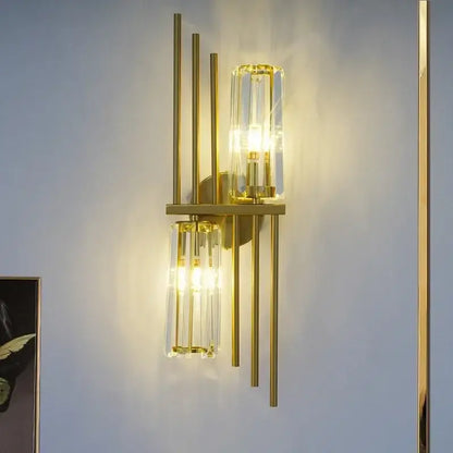 Luxury brass crystal wall lamp for bedroom with ribbed glass accents