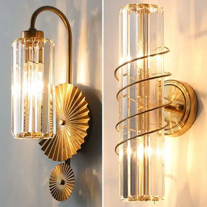 Luxury brass crystal wall lamp for bedroom with ribbed glass accents