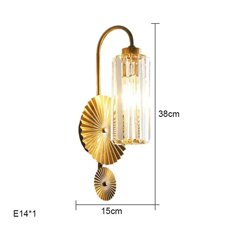 Luxury brass crystal wall lamp for bedroom with ribbed glass accents
