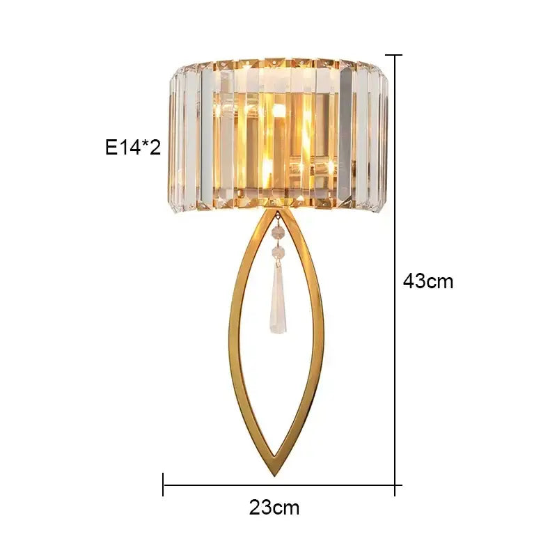 Luxury brass crystal wall lamp for bedroom with ribbed glass accents
