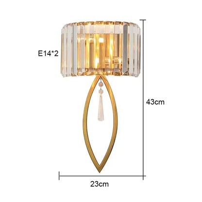 Luxury brass crystal wall lamp for bedroom with ribbed glass accents