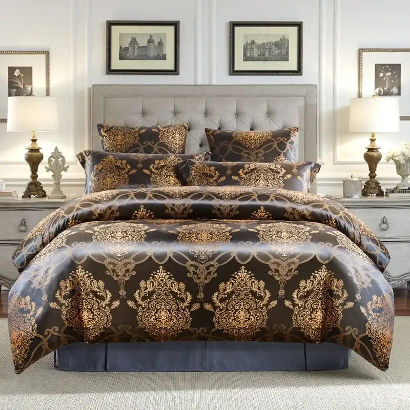 Luxury brown & gold damask duvet cover bedding set bedroom decor