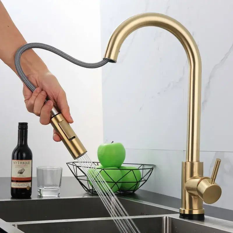 Luxury brushed gold pull out kitchen faucet with textured finish