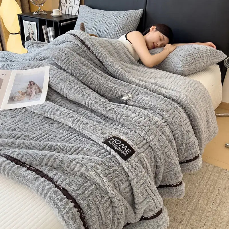 Luxury coral fleece textured gray winter blanket bedroom