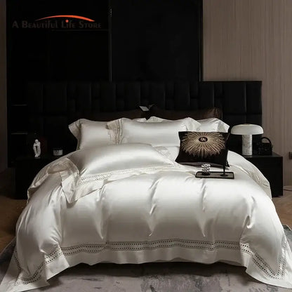 Luxury cream 1000tc egyptian cotton bedding set bedroom lace trim