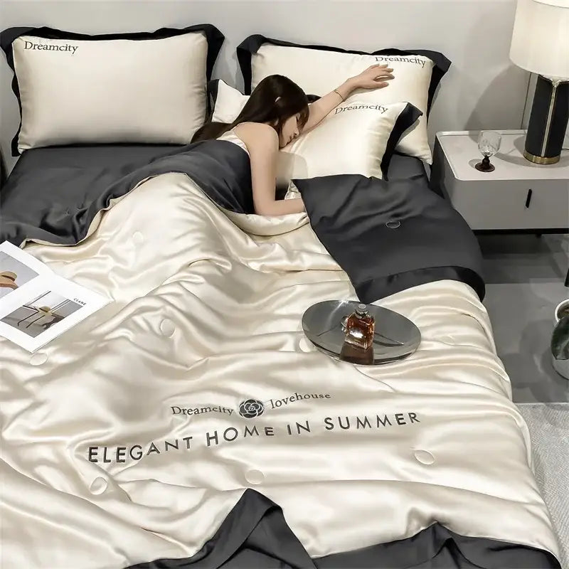 Luxury cream and black ice silk embroidered quilt set bedroom comforter
