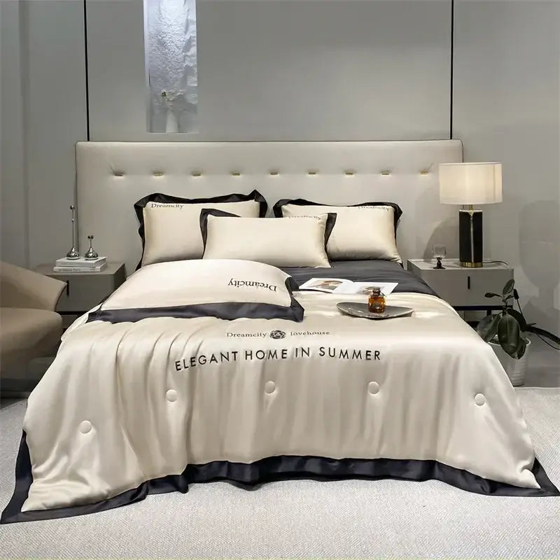 Luxury cream and black ice silk embroidered quilt set bedroom comforter