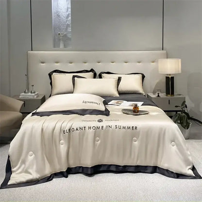 Luxury cream and black ice silk embroidered quilt set bedroom comforter