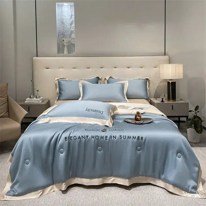 Luxury cream and black ice silk embroidered quilt set bedroom comforter