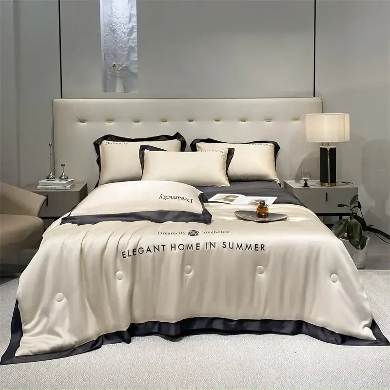 Luxury cream and black ice silk embroidered quilt set bedroom comforter