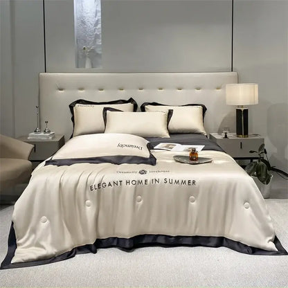 Luxury cream and black ice silk embroidered quilt set bedroom comforter