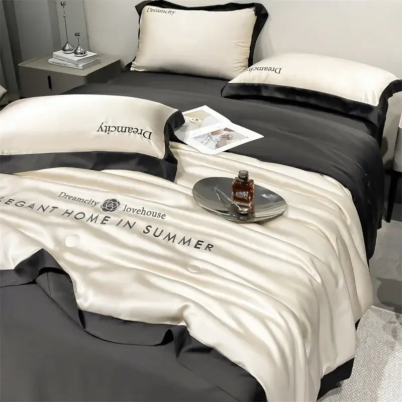 Luxury cream and black ice silk embroidered quilt set bedroom comforter