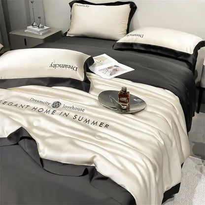 Luxury cream and black ice silk embroidered quilt set bedroom comforter