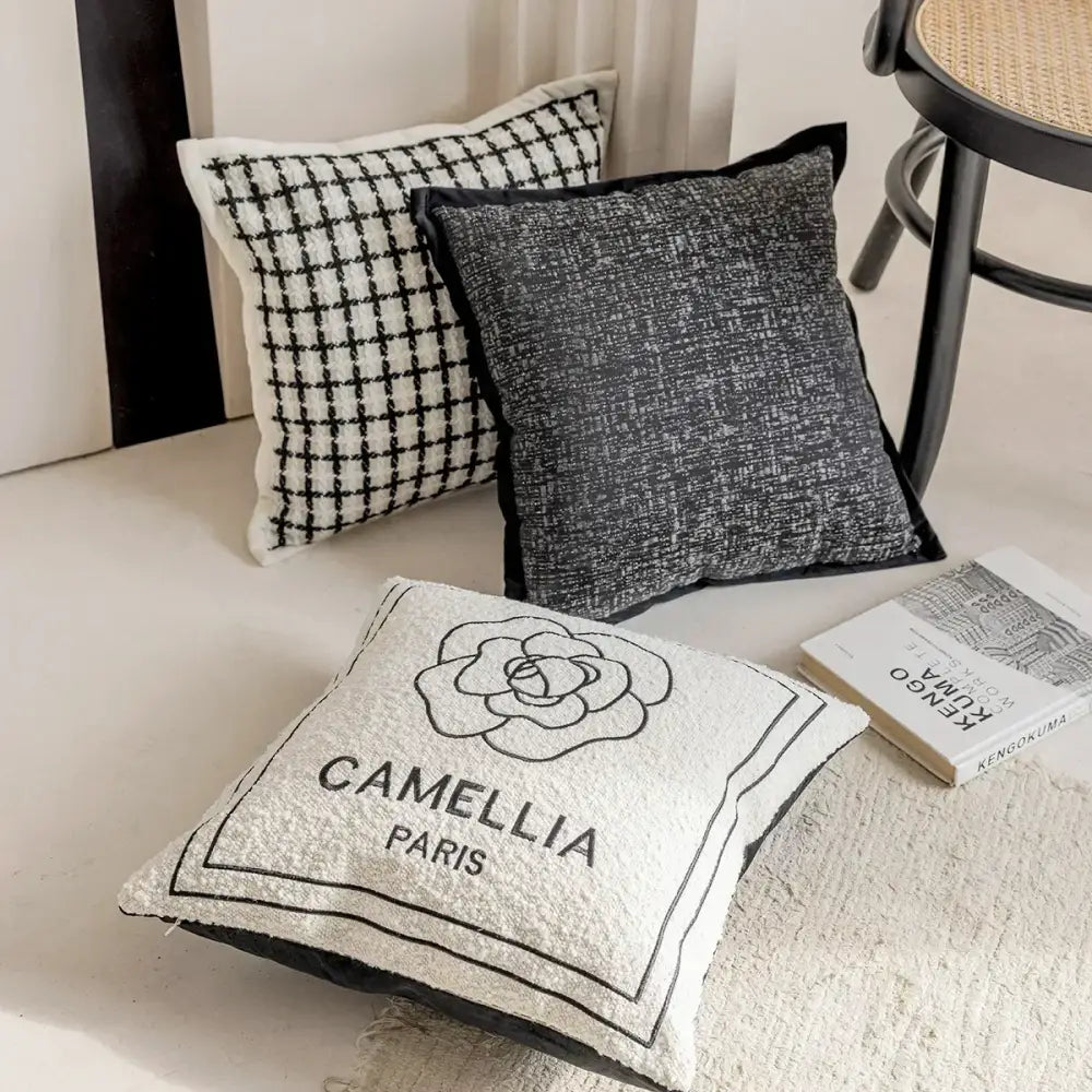 Luxury cream & black camellia jacquard pillow cover living room
