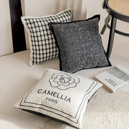 Luxury cream & black camellia jacquard pillow cover living room