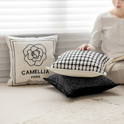 Luxury cream & black camellia jacquard pillow cover living room