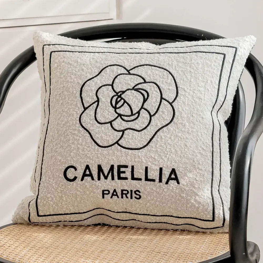 Luxury cream & black camellia jacquard pillow cover living room