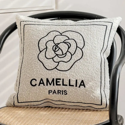 Luxury cream & black camellia jacquard pillow cover living room