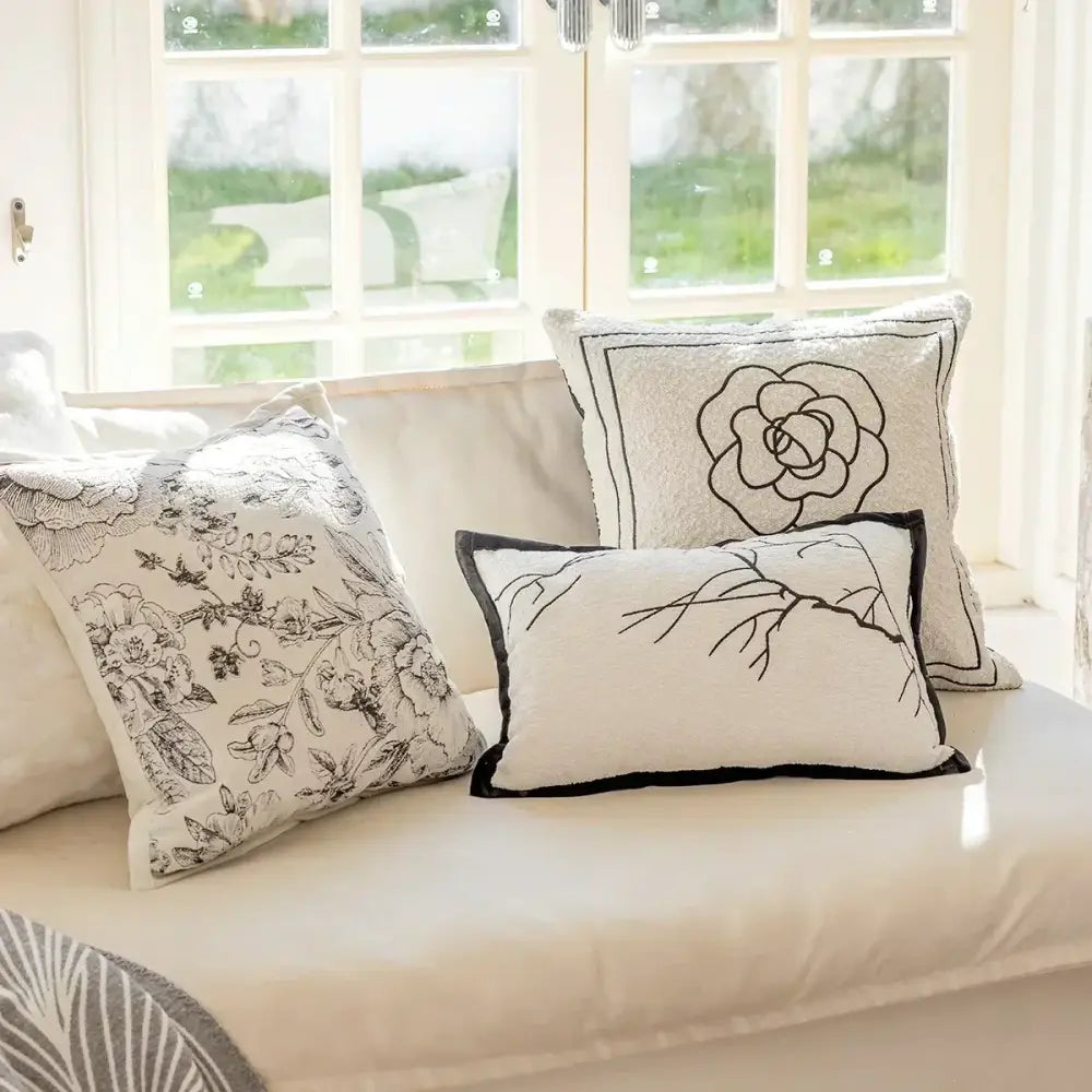 Luxury cream & black camellia jacquard pillow cover living room