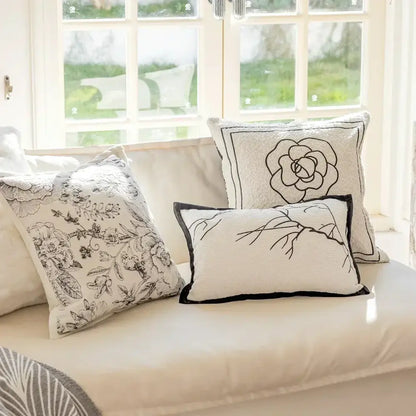 Luxury cream & black camellia jacquard pillow cover living room
