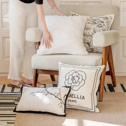 Luxury cream & black camellia jacquard pillow cover living room