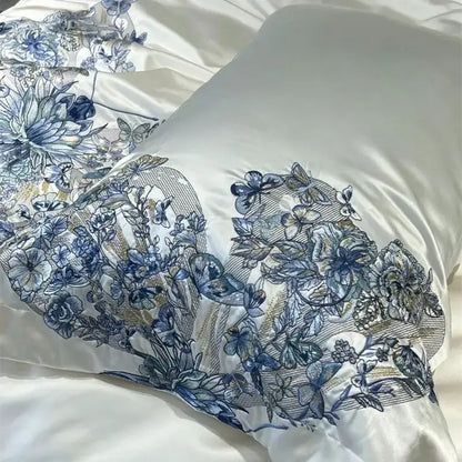 Luxury cream & blue butterfly flowers embroidery bedding set bedroom