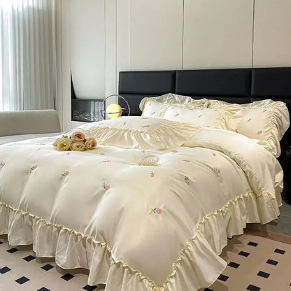 Luxury cream & pink ice silk floral bedding sets bedroom duvet set