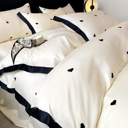 Luxury cream & pink ice silk floral bedding sets bedroom duvet set