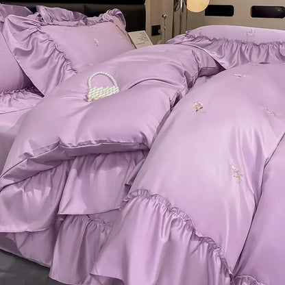 Luxury cream & pink ice silk floral bedding sets bedroom duvet set