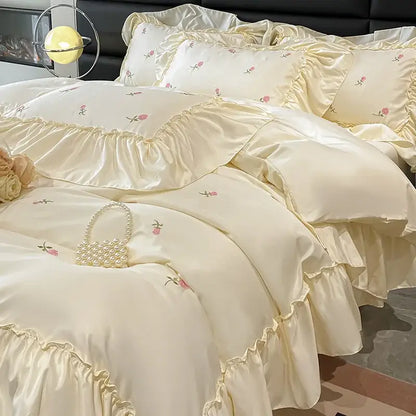 Luxury cream & pink ice silk floral bedding sets bedroom duvet set