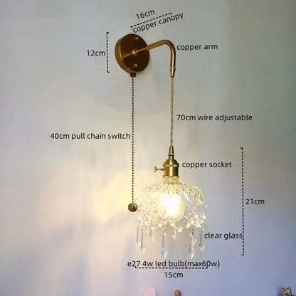 Luxury crystal copper led wall sconce for bedroom lighting