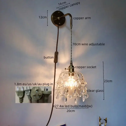 Luxury crystal copper led wall sconce for bedroom lighting