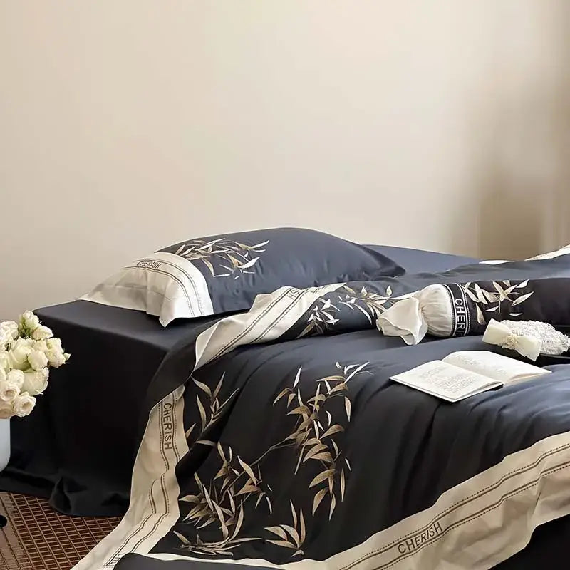 Luxury dark blue bamboo embroidery 1000tc egyptian cotton bedding set