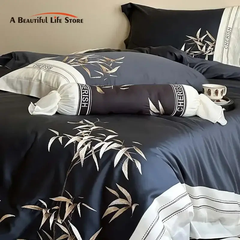 Luxury dark blue bamboo embroidery 1000tc egyptian cotton bedding set