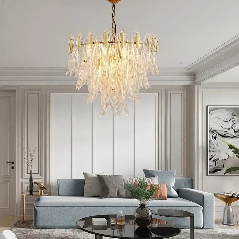 Luxury glass leaf gold chandelier living room pendant light