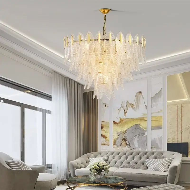 Luxury glass leaf gold chandelier living room pendant light