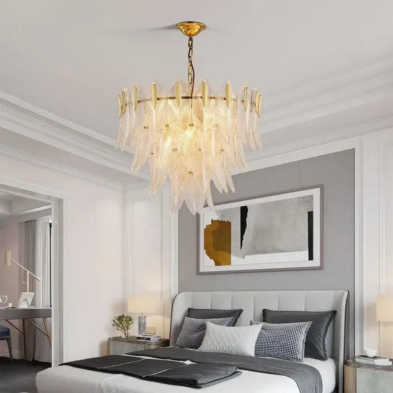 Luxury glass leaf gold chandelier living room pendant light