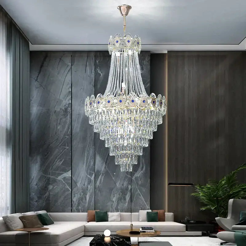 Luxury gold round chandelier blue crystal stair lights