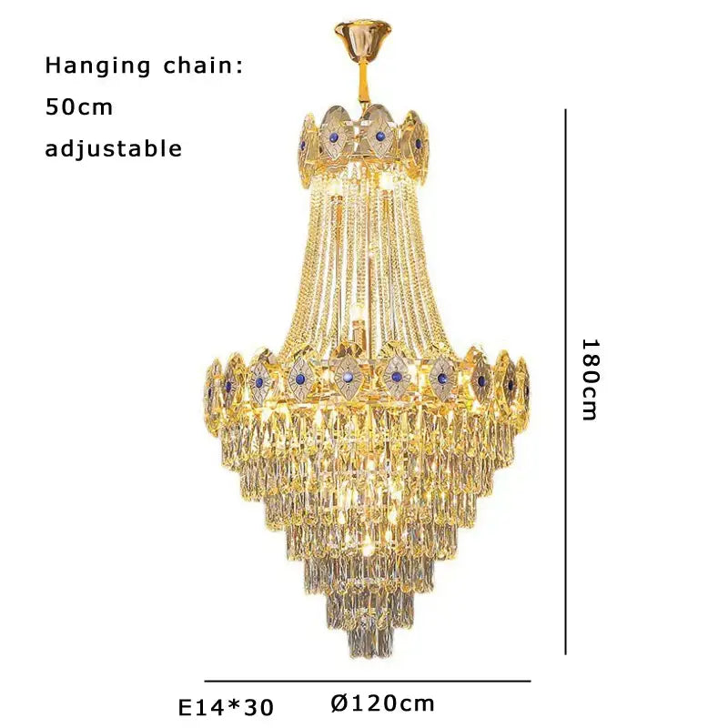 Luxury gold round chandelier blue crystal stair lights