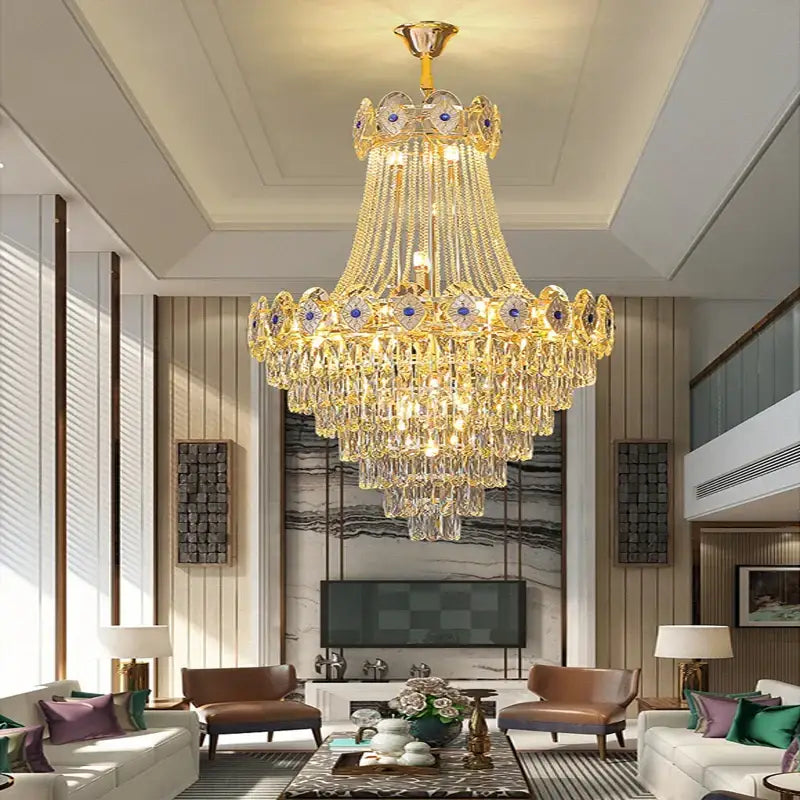 Luxury gold round chandelier blue crystal stair lights