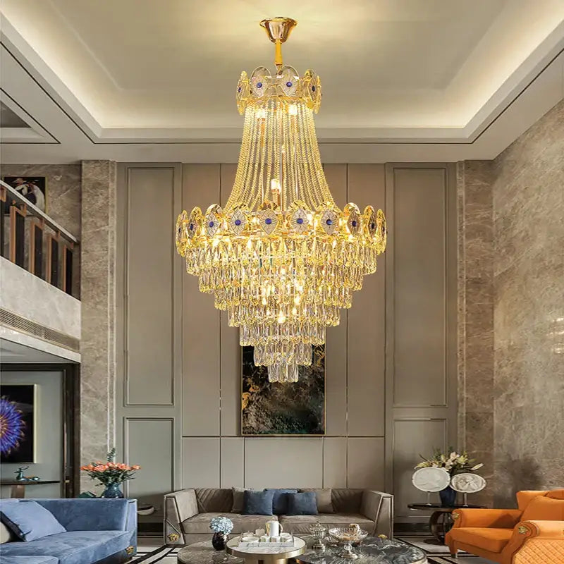 Luxury gold round chandelier blue crystal stair lights