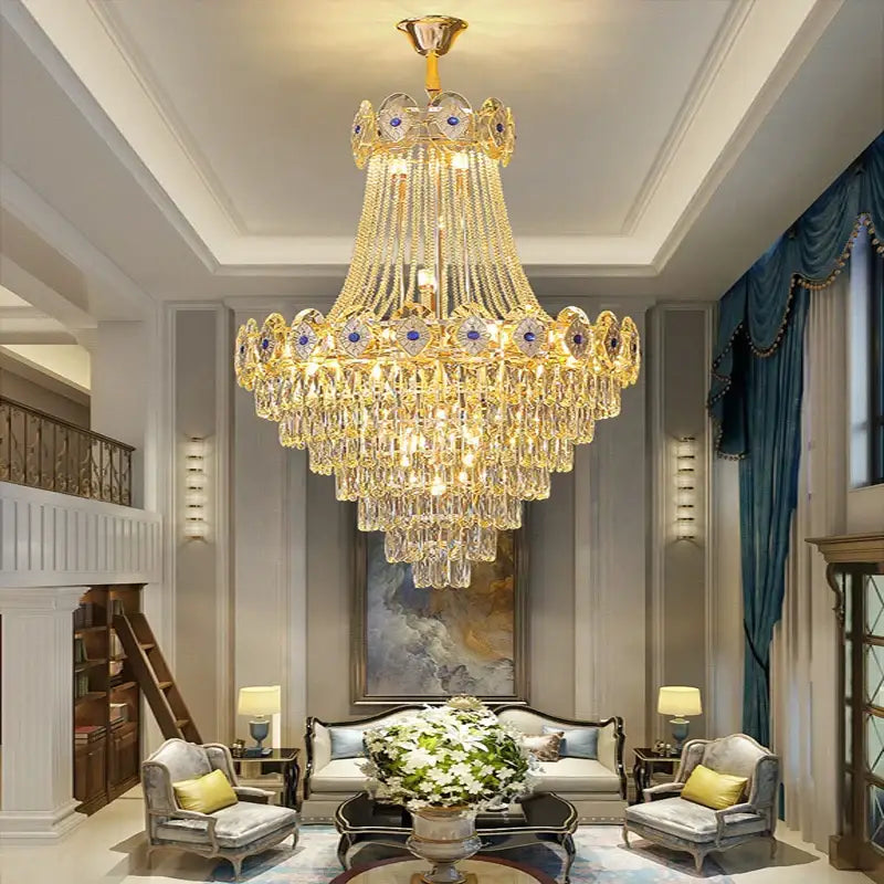 Luxury gold round chandelier blue crystal stair lights