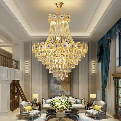Luxury gold round chandelier blue crystal stair lights