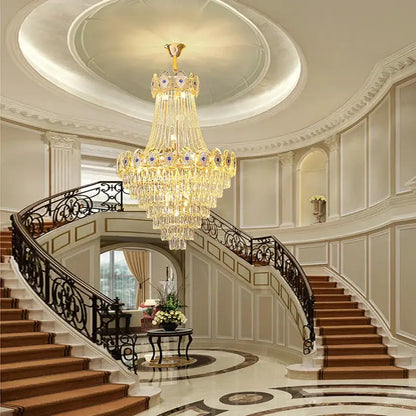 Luxury gold round chandelier blue crystal stair lights