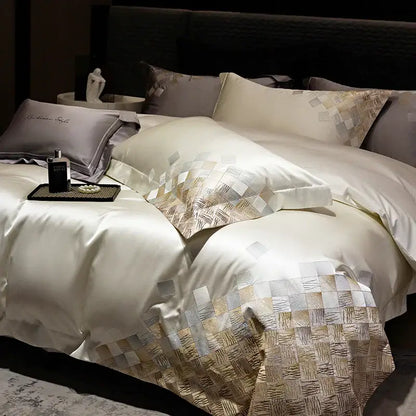 Luxury embroidery bedding set in pearl white & grey – bedroom