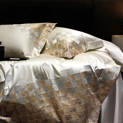 Luxury embroidery bedding set in pearl white & grey – bedroom