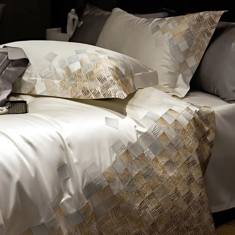 Luxury embroidery bedding set in pearl white & grey – bedroom